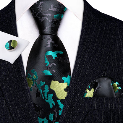 Black Blue Novetly Floral Silk Tie, Pocket Square and Cufflinks Set tie sets    - Sophisticated Gentlemen
