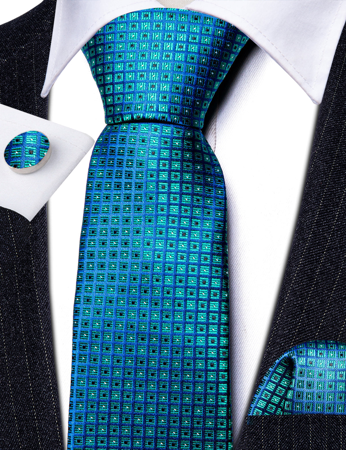 Blue Novetly Plaid Silk Tie, Pocket Square and Cufflinks Set tie sets    - Sophisticated Gentlemen