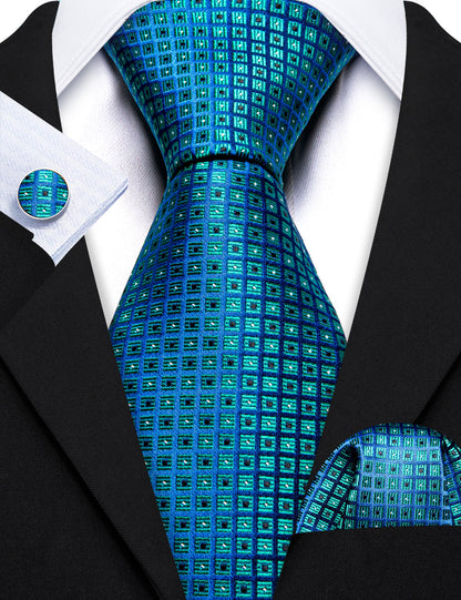 Blue Novetly Plaid Silk Tie, Pocket Square and Cufflinks Set tie sets    - Sophisticated Gentlemen