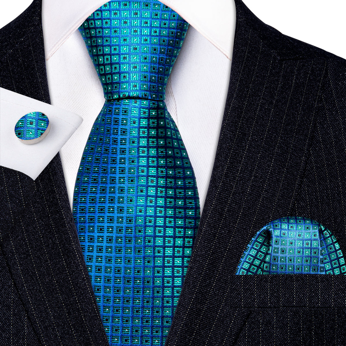 Blue Novetly Plaid Silk Tie, Pocket Square and Cufflinks Set tie sets    - Sophisticated Gentlemen