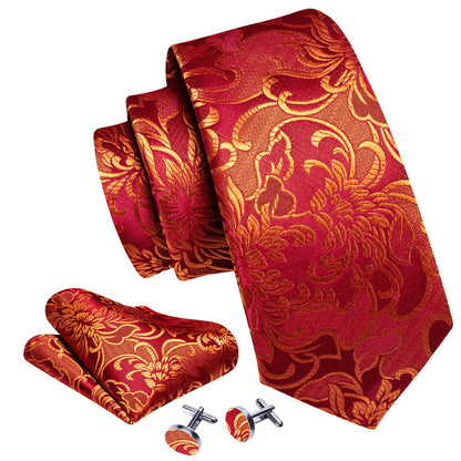 Red Gold Floral Paisley Silk Tie, Pocket Square and Cufflinks Set tie sets    - Sophisticated Gentlemen