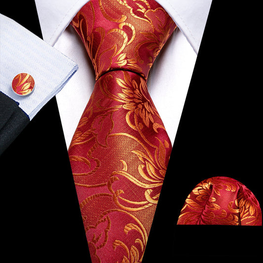 Red Gold Floral Paisley Silk Tie, Pocket Square and Cufflinks Set tie sets    - Sophisticated Gentlemen