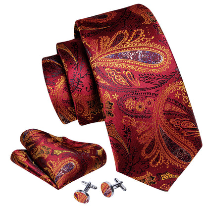 Bronze Red Paisley Silk Tie, Pocket Square and Cufflinks Set tie sets    - Sophisticated Gentlemen