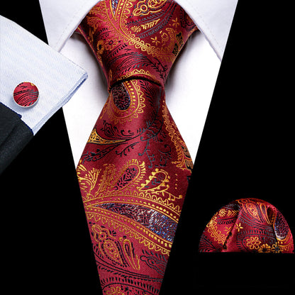 Bronze Red Paisley Silk Tie, Pocket Square and Cufflinks Set tie sets    - Sophisticated Gentlemen