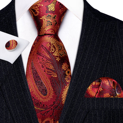 Bronze Red Paisley Silk Tie, Pocket Square and Cufflinks Set tie sets    - Sophisticated Gentlemen