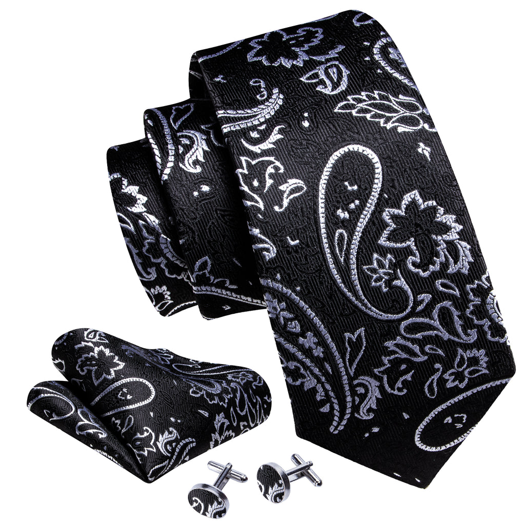 Luxury Black White Paisley Silk Tie, Pocket Square and Cufflinks Set tie sets    - Sophisticated Gentlemen