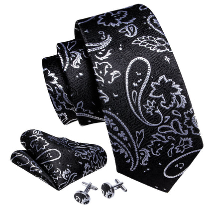 Luxury Black White Paisley Silk Tie, Pocket Square and Cufflinks Set tie sets    - Sophisticated Gentlemen