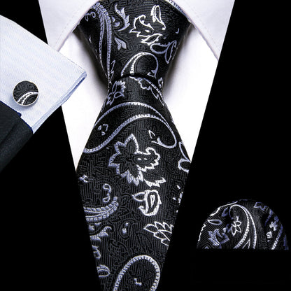 Luxury Black White Paisley Silk Tie, Pocket Square and Cufflinks Set tie sets    - Sophisticated Gentlemen