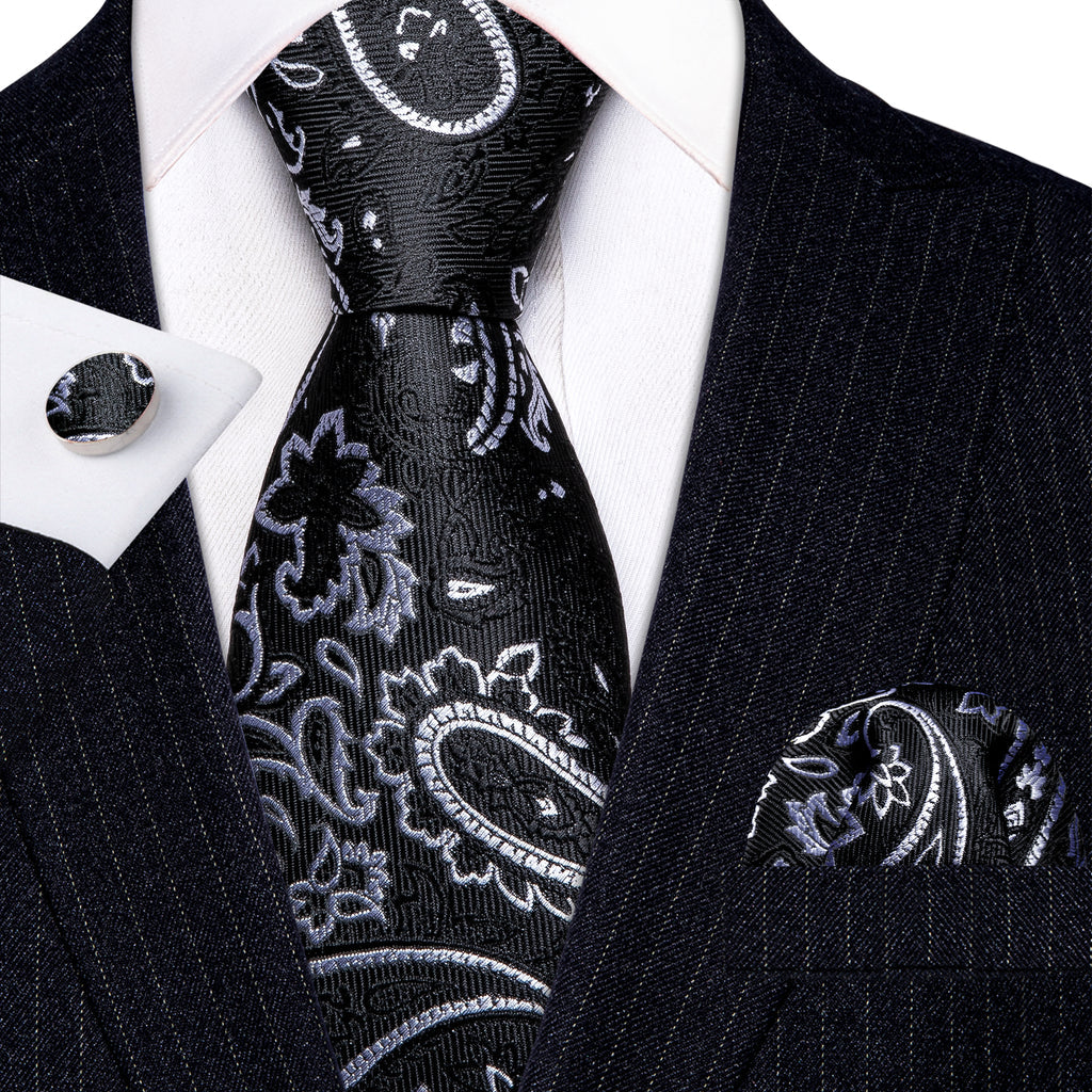 Luxury Black White Paisley Silk Tie, Pocket Square and Cufflinks Set tie sets    - Sophisticated Gentlemen