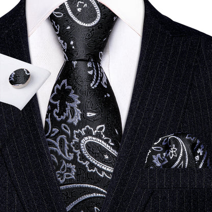 Luxury Black White Paisley Silk Tie, Pocket Square and Cufflinks Set tie sets    - Sophisticated Gentlemen