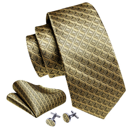 Khaki Novelty Plaid Silk Tie, Pocket Square and Cufflinks Set tie sets    - Sophisticated Gentlemen