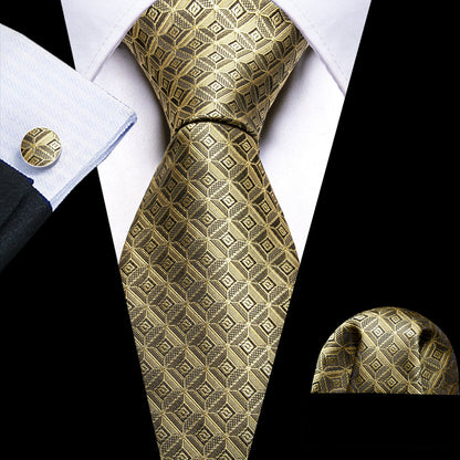 Khaki Novelty Plaid Silk Tie, Pocket Square and Cufflinks Set tie sets    - Sophisticated Gentlemen