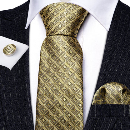 Khaki Novelty Plaid Silk Tie, Pocket Square and Cufflinks Set tie sets    - Sophisticated Gentlemen
