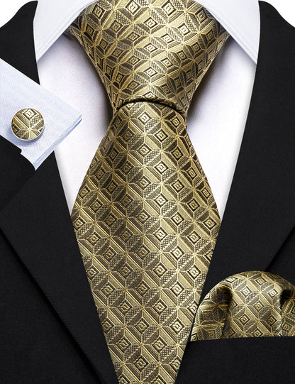 Khaki Novelty Plaid Silk Tie, Pocket Square and Cufflinks Set tie sets    - Sophisticated Gentlemen