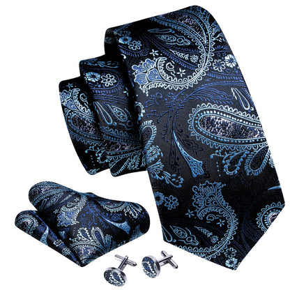 Shining Black Blue Paisley Tie, Pocket Square and Cufflinks Set tie sets    - Sophisticated Gentlemen