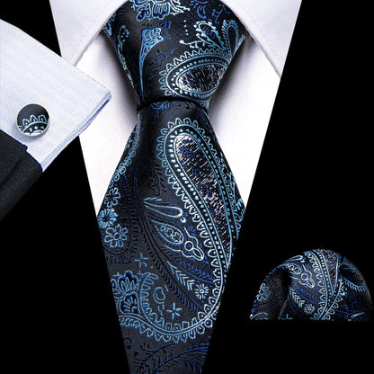Shining Black Blue Paisley Tie, Pocket Square and Cufflinks Set tie sets    - Sophisticated Gentlemen