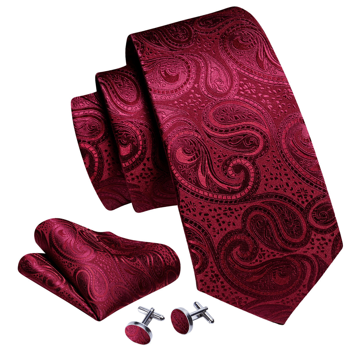 Burgundy Shining Paisley Silk Tie, Pocket Square and Cufflinks Set tie sets    - Sophisticated Gentlemen