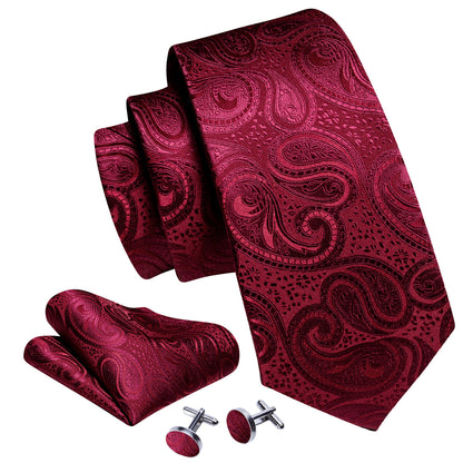 Burgundy Shining Paisley Silk Tie, Pocket Square and Cufflinks Set tie sets    - Sophisticated Gentlemen