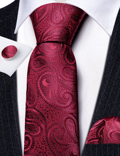 Burgundy Shining Paisley Silk Tie, Pocket Square and Cufflinks Set tie sets    - Sophisticated Gentlemen