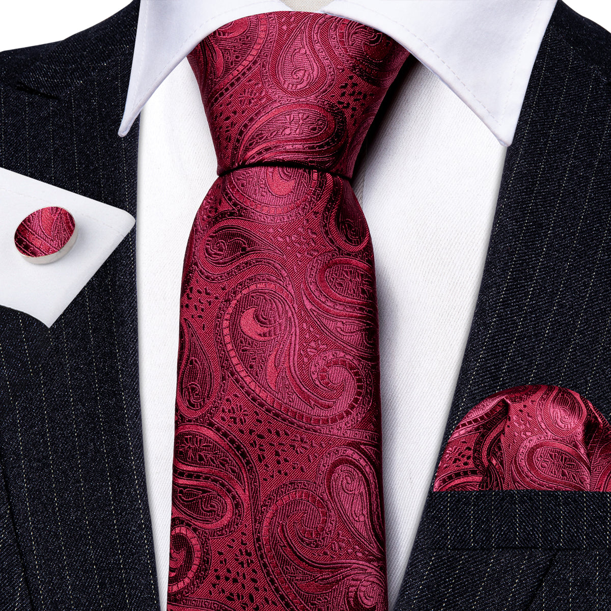 Burgundy Shining Paisley Silk Tie, Pocket Square and Cufflinks Set tie sets    - Sophisticated Gentlemen