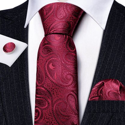 Burgundy Shining Paisley Silk Tie, Pocket Square and Cufflinks Set tie sets    - Sophisticated Gentlemen