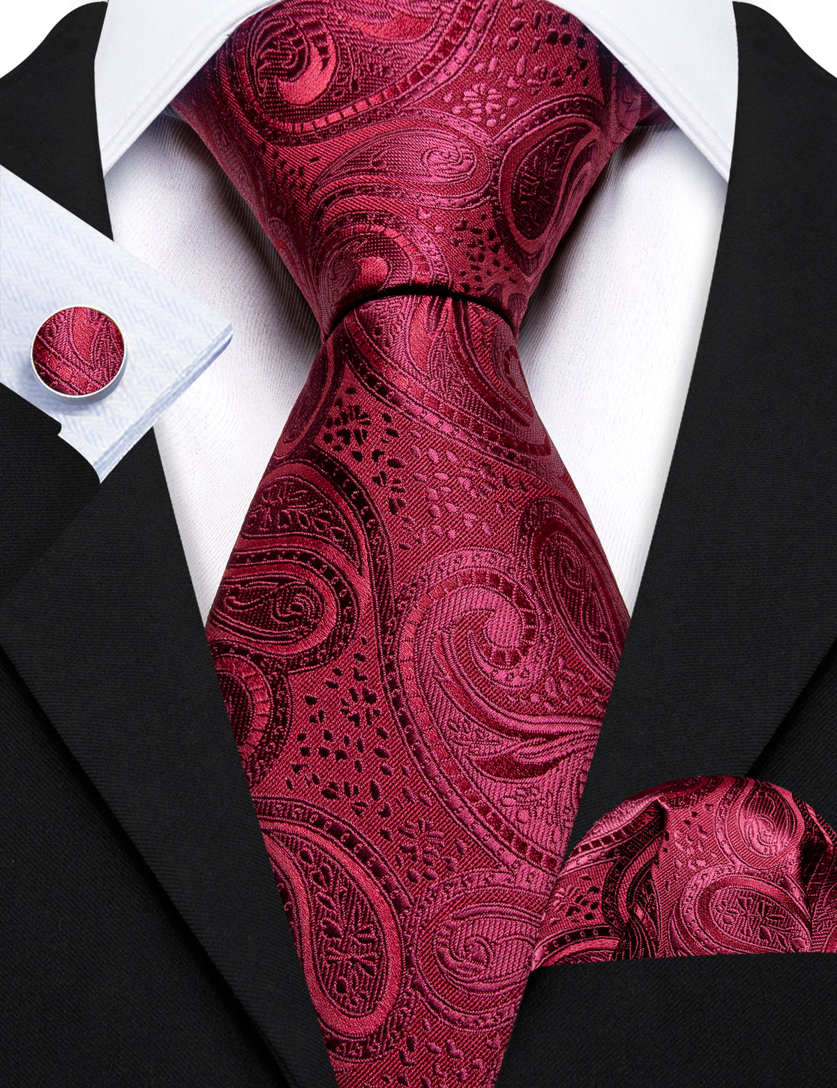 Burgundy Shining Paisley Silk Tie, Pocket Square and Cufflinks Set tie sets    - Sophisticated Gentlemen