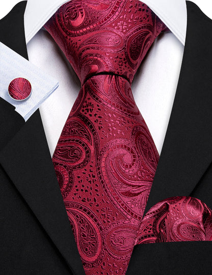 Burgundy Shining Paisley Silk Tie, Pocket Square and Cufflinks Set tie sets    - Sophisticated Gentlemen