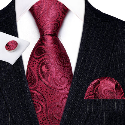 Burgundy Shining Paisley Silk Tie, Pocket Square and Cufflinks Set tie sets    - Sophisticated Gentlemen
