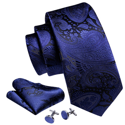 Dark Slate Blue Paisley Silk Tie, Pocket Square and Cufflinks Set tie sets    - Sophisticated Gentlemen