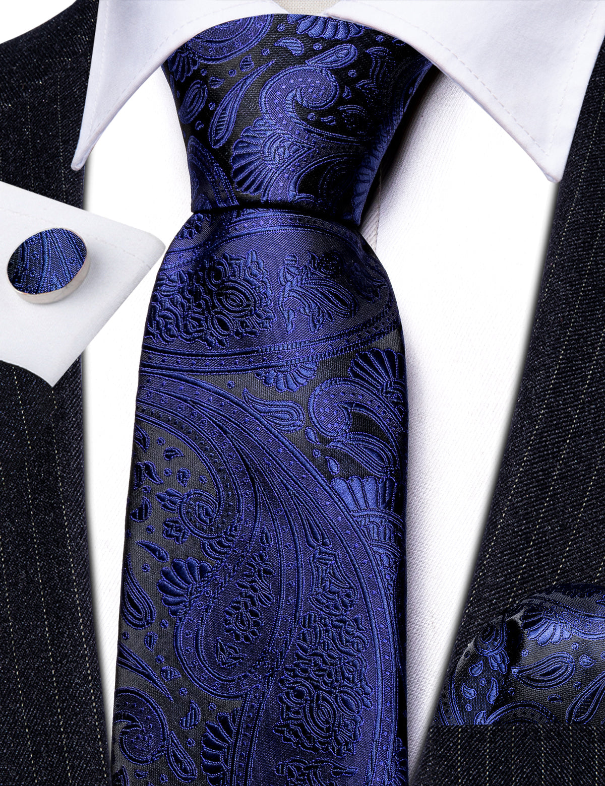 Dark Slate Blue Paisley Silk Tie, Pocket Square and Cufflinks Set tie sets    - Sophisticated Gentlemen