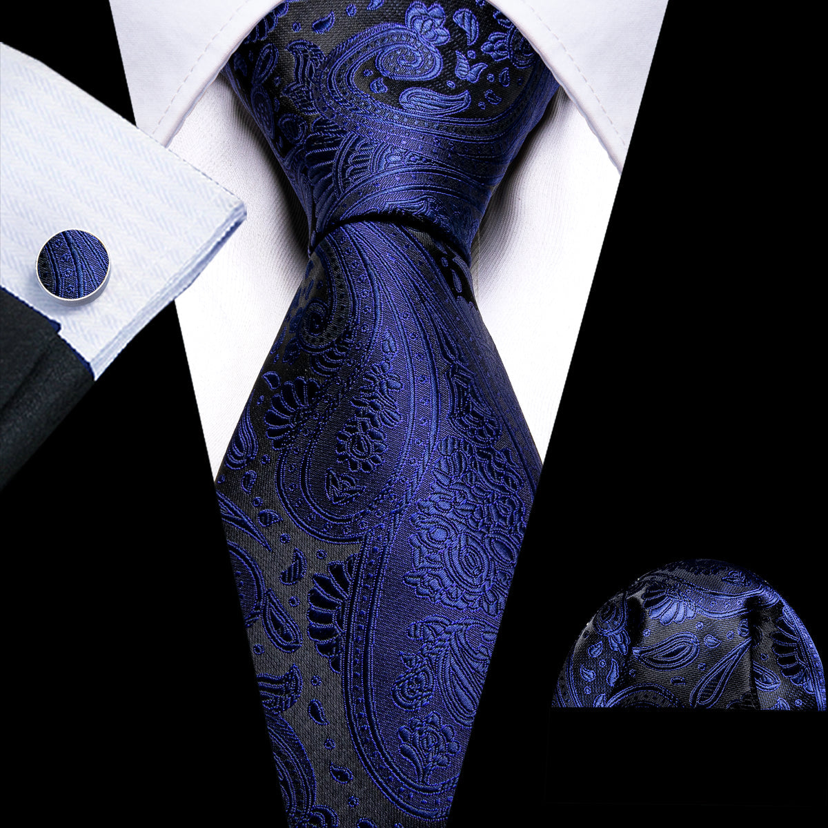Dark Slate Blue Paisley Silk Tie, Pocket Square and Cufflinks Set tie sets    - Sophisticated Gentlemen