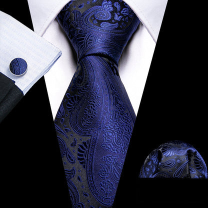 Dark Slate Blue Paisley Silk Tie, Pocket Square and Cufflinks Set tie sets    - Sophisticated Gentlemen