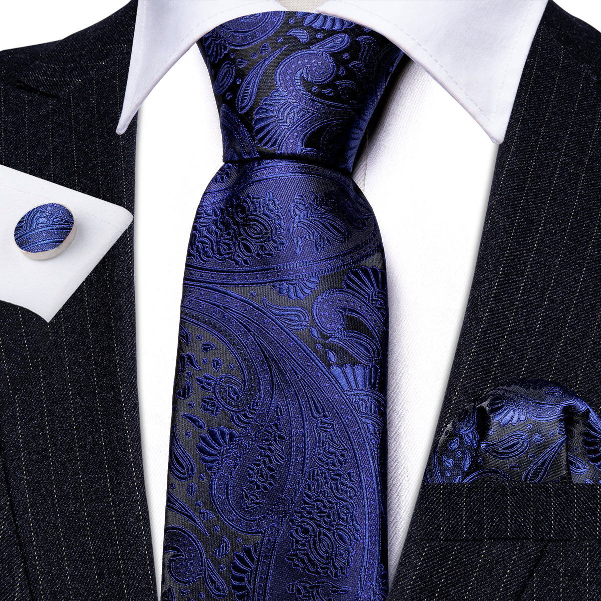 Dark Slate Blue Paisley Silk Tie, Pocket Square and Cufflinks Set tie sets    - Sophisticated Gentlemen