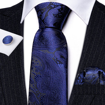 Dark Slate Blue Paisley Silk Tie, Pocket Square and Cufflinks Set tie sets    - Sophisticated Gentlemen