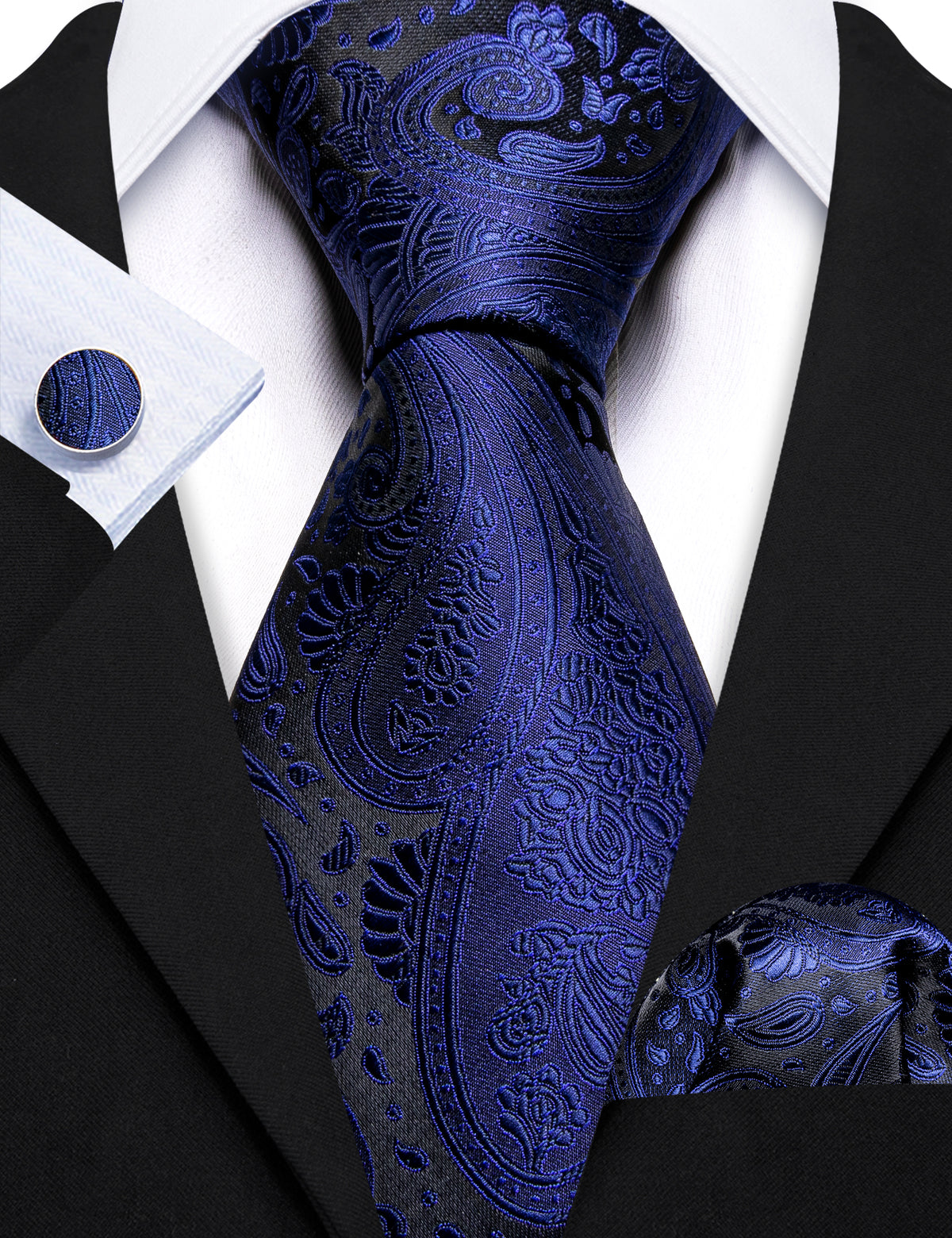 Dark Slate Blue Paisley Silk Tie, Pocket Square and Cufflinks Set tie sets    - Sophisticated Gentlemen