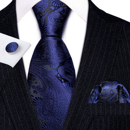 Dark Slate Blue Paisley Silk Tie, Pocket Square and Cufflinks Set tie sets    - Sophisticated Gentlemen