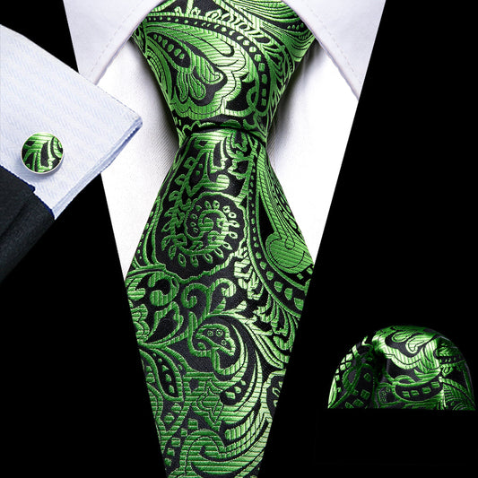 Green Black Paisley Tie, Pocket Square and Cufflinks Set tie sets    - Sophisticated Gentlemen