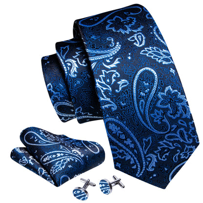 Blue White Beautiful Paisley Tie, Pocket Square and Cufflinks Set tie sets    - Sophisticated Gentlemen
