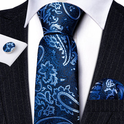 Blue White Beautiful Paisley Tie, Pocket Square and Cufflinks Set tie sets    - Sophisticated Gentlemen