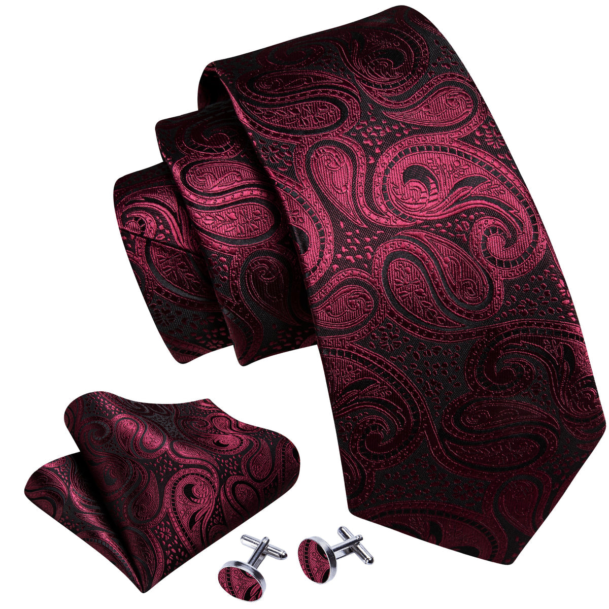 Red Black Paisley Formal Silk Tie, Pocket Square and Cufflinks Set tie sets    - Sophisticated Gentlemen
