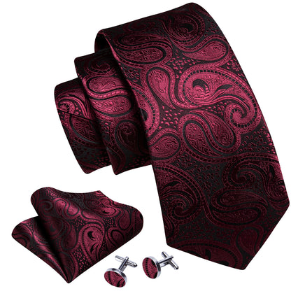 Red Black Paisley Formal Silk Tie, Pocket Square and Cufflinks Set tie sets    - Sophisticated Gentlemen