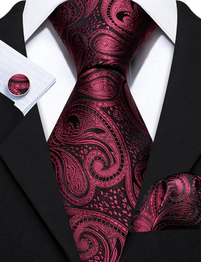 Red Black Paisley Formal Silk Tie, Pocket Square and Cufflinks Set tie sets    - Sophisticated Gentlemen