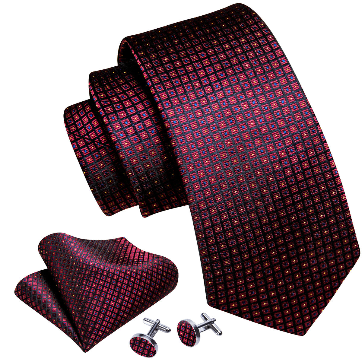 Burgundy Red Black Plaid Silk Tie, Pocket Square and Cufflinks Set tie sets    - Sophisticated Gentlemen