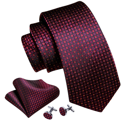 Burgundy Red Black Plaid Silk Tie, Pocket Square and Cufflinks Set tie sets    - Sophisticated Gentlemen