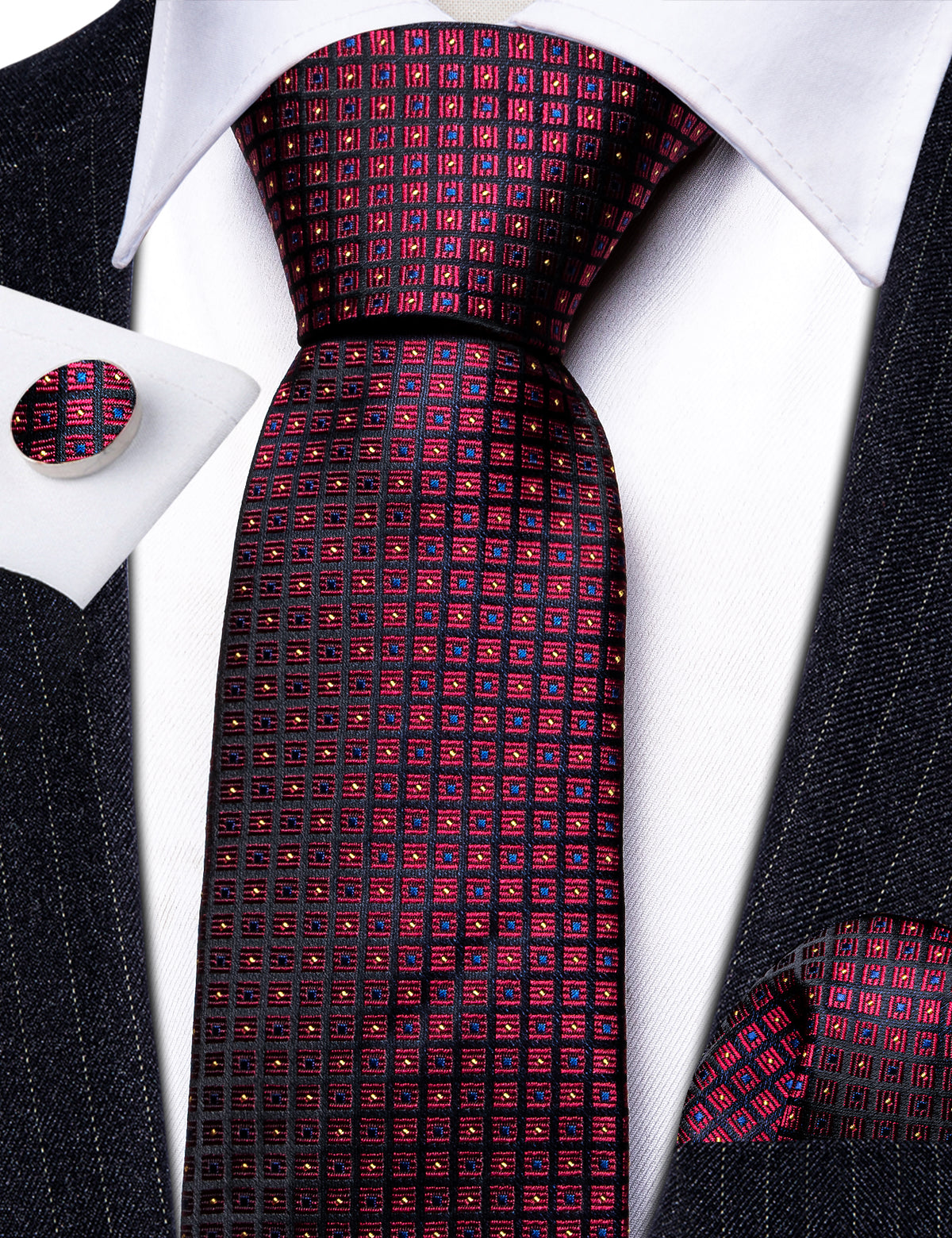 Burgundy Red Black Plaid Silk Tie, Pocket Square and Cufflinks Set tie sets    - Sophisticated Gentlemen