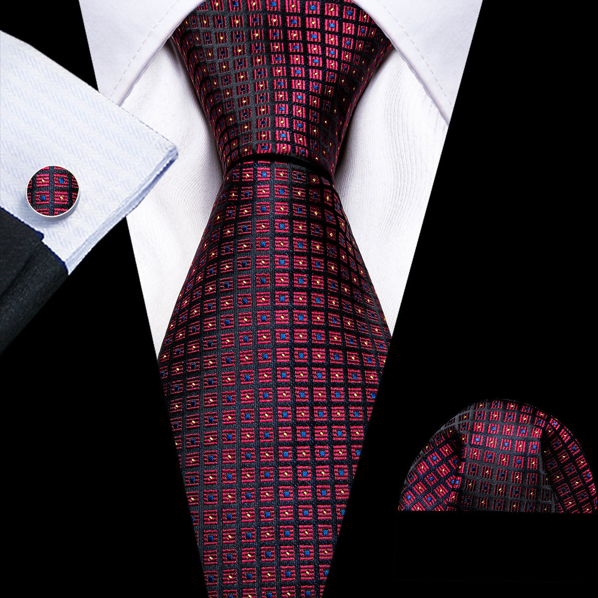 Burgundy Red Black Plaid Silk Tie, Pocket Square and Cufflinks Set tie sets    - Sophisticated Gentlemen