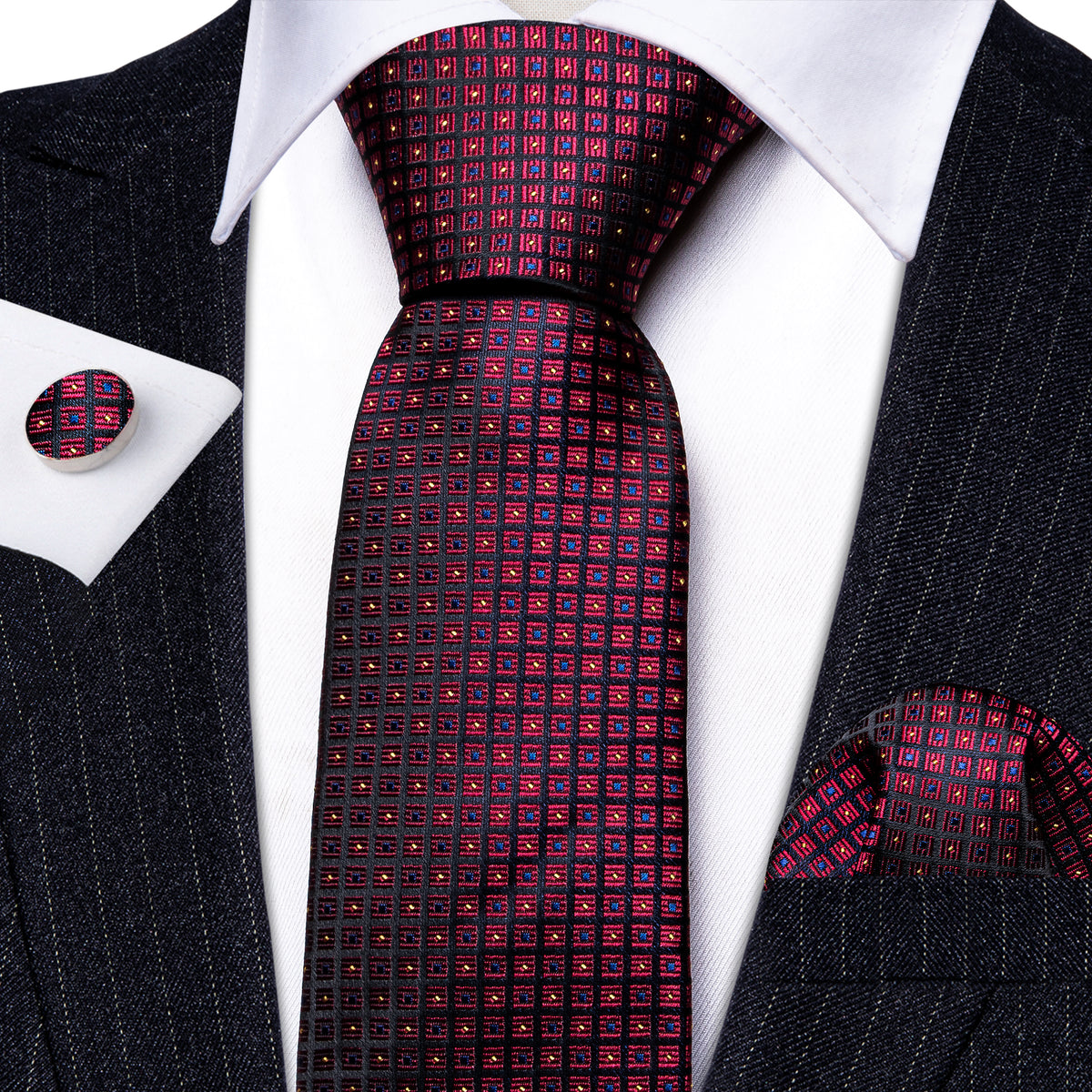 Burgundy Red Black Plaid Silk Tie, Pocket Square and Cufflinks Set tie sets    - Sophisticated Gentlemen