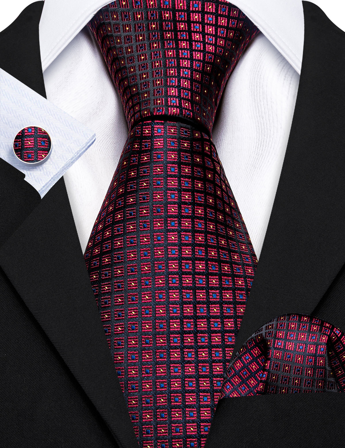 Burgundy Red Black Plaid Silk Tie, Pocket Square and Cufflinks Set tie sets    - Sophisticated Gentlemen