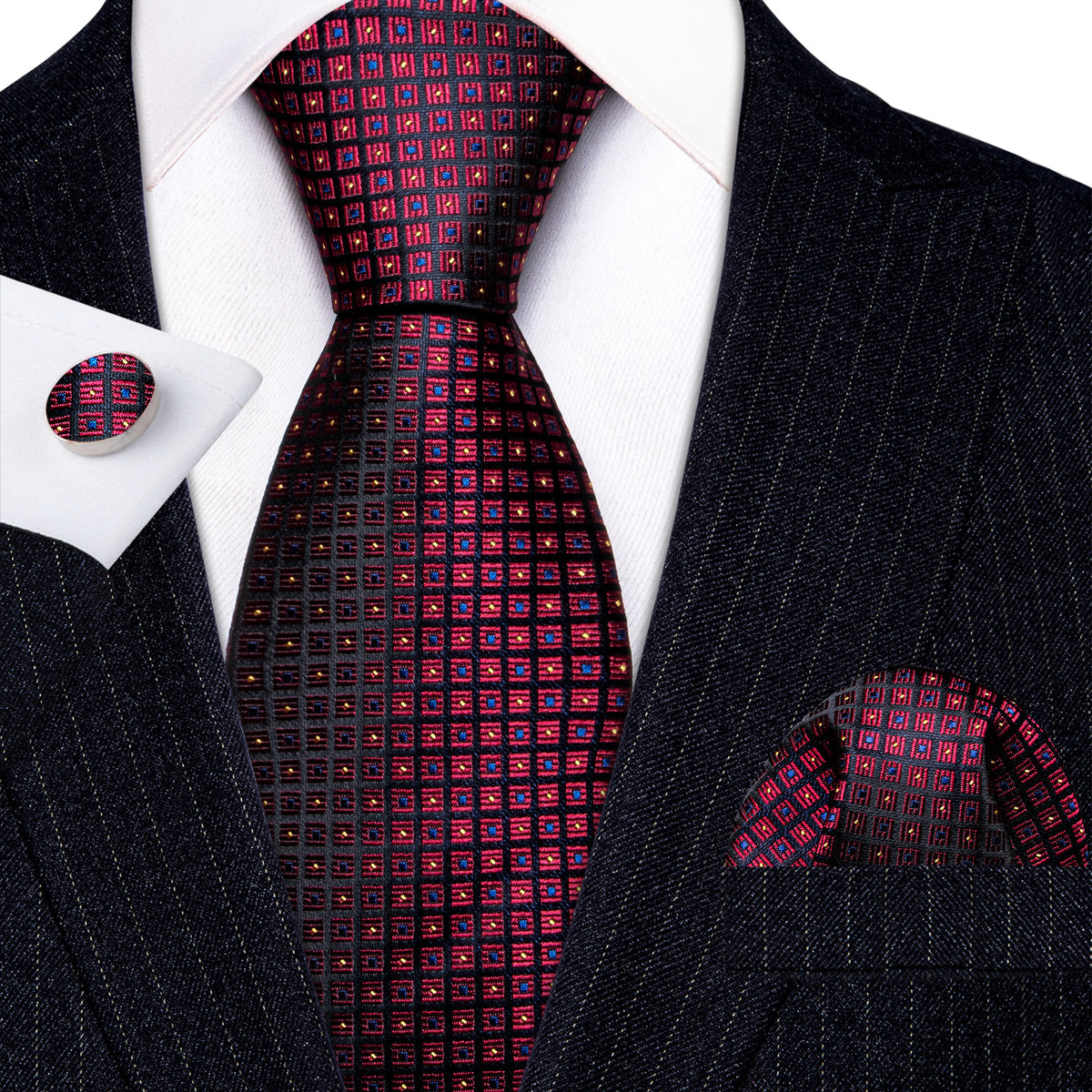 Burgundy Red Black Plaid Silk Tie, Pocket Square and Cufflinks Set tie sets    - Sophisticated Gentlemen