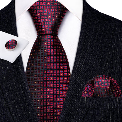 Burgundy Red Black Plaid Silk Tie, Pocket Square and Cufflinks Set tie sets    - Sophisticated Gentlemen